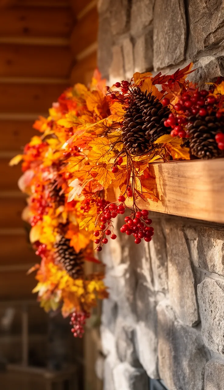 Pinecone and berry rustic fall garland on a mantel