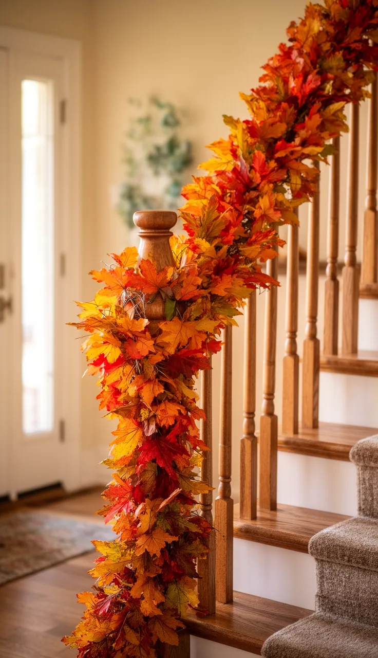 Fall garland secured along a staircase banister in even swags