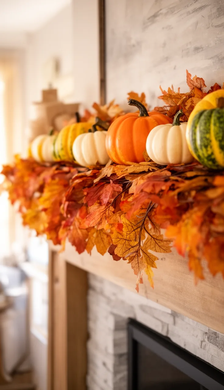 Mini pumpkin and gourd fall garland on a mantel