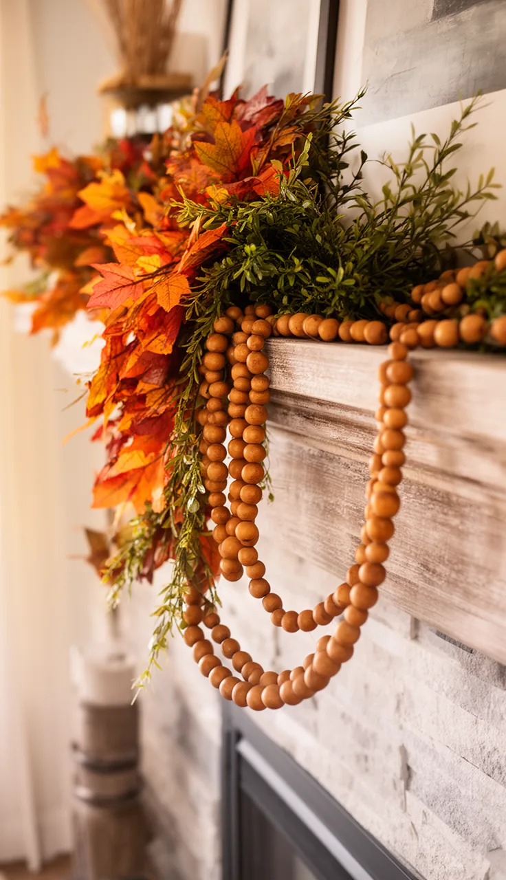 Wooden bead garland layered over a fall garland