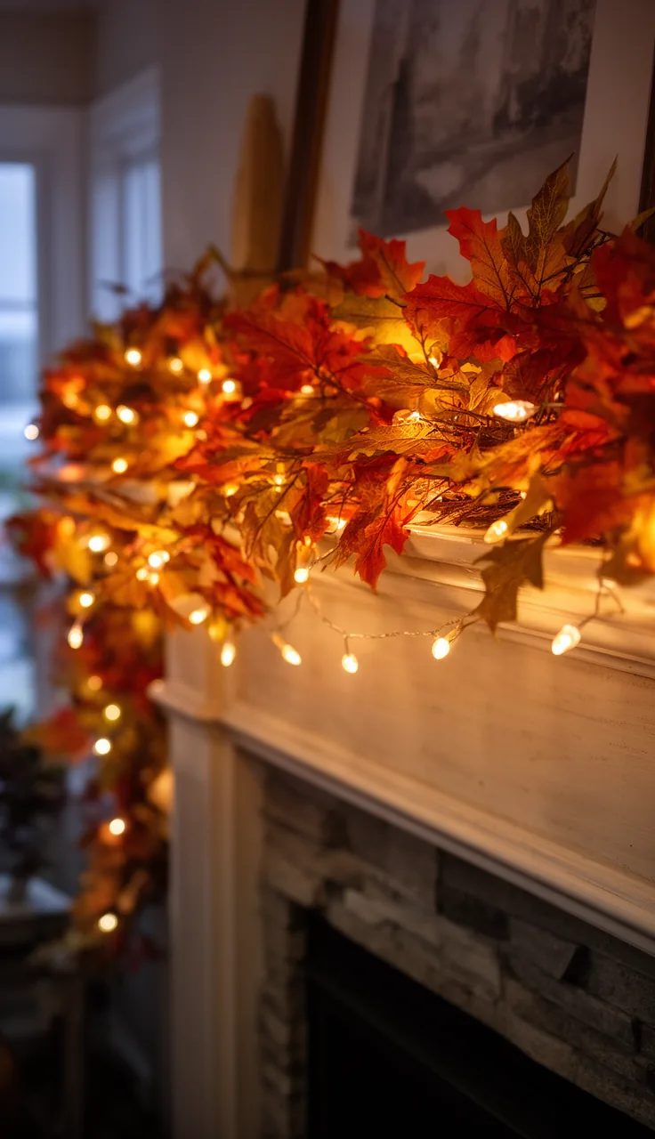 Lighted fall garland glowing on a mantel at dusk