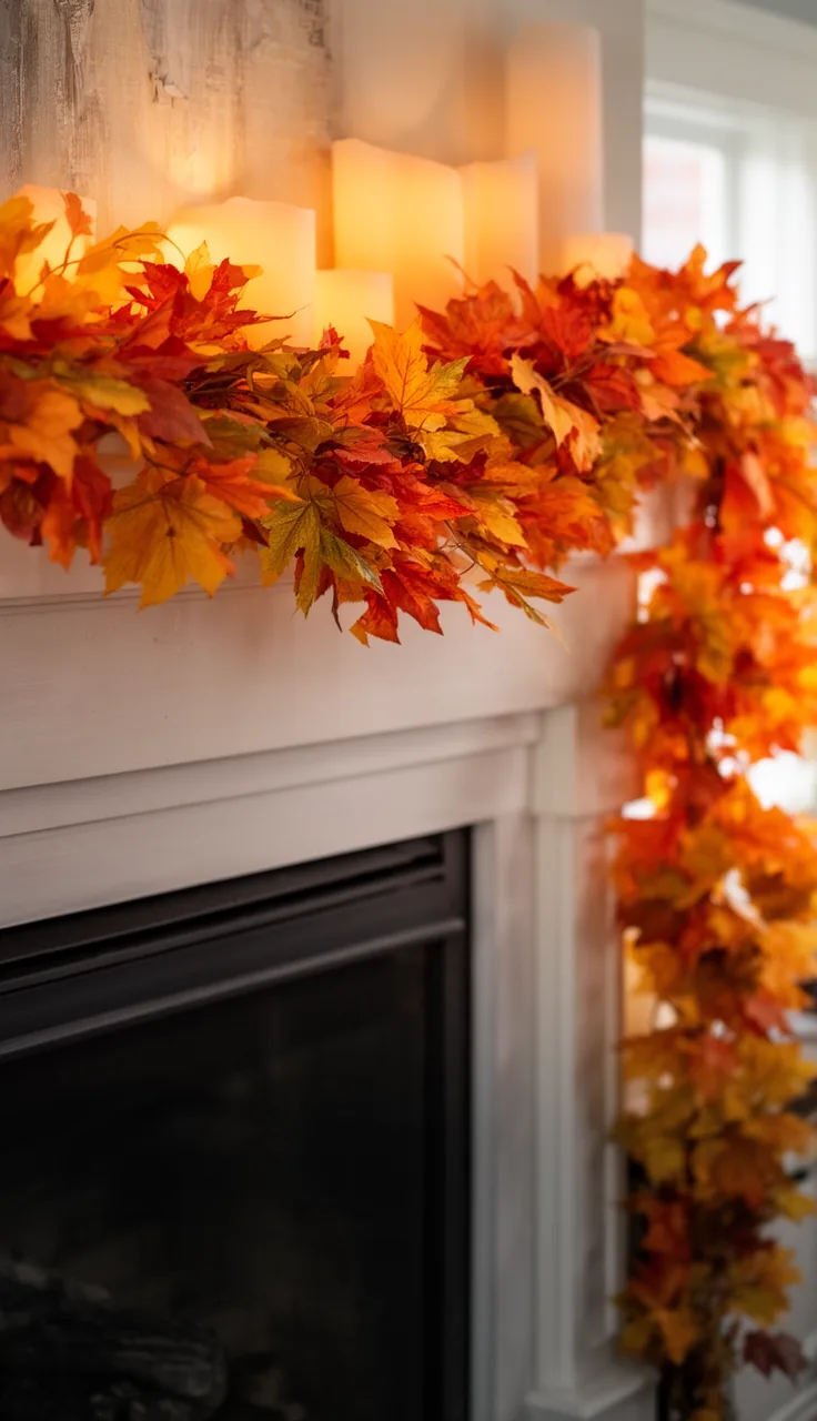 Flame-safe faux fall garland above a fireplace