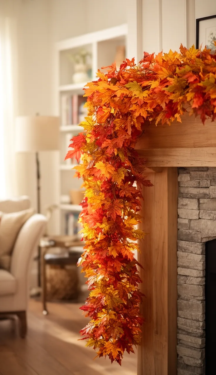No-shed faux leaf fall garland on a tidy mantel