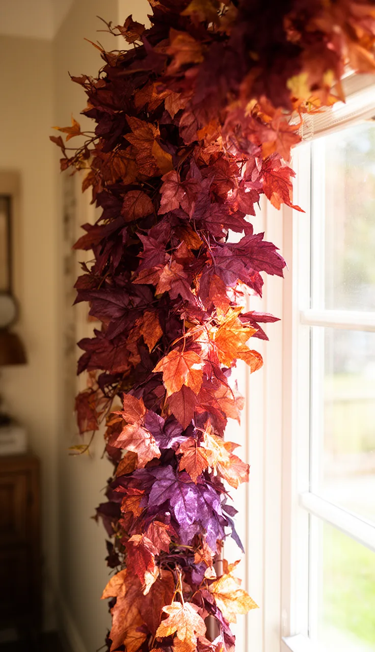 Sun-resistant rust and plum fall garland in a window