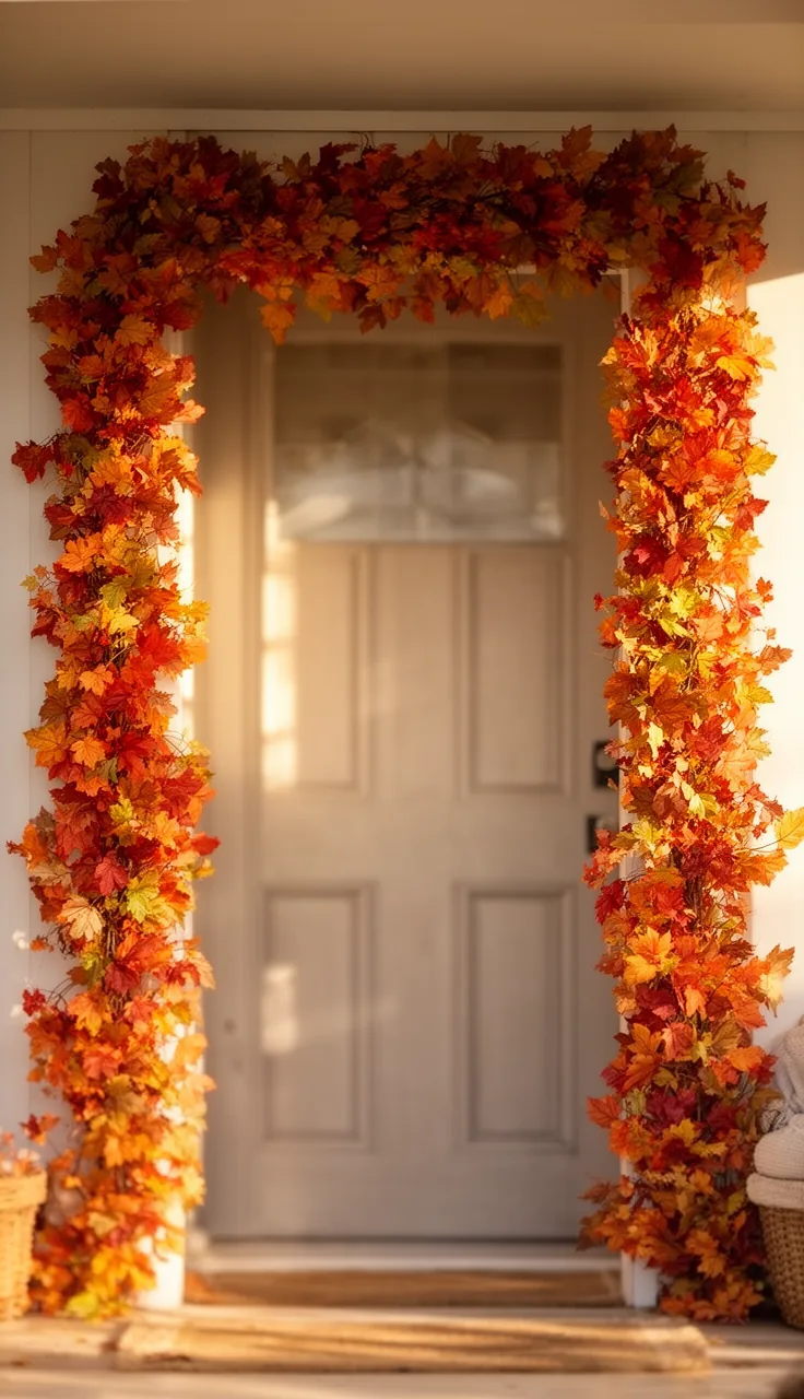 Fall garland framing a front door for a warm welcome