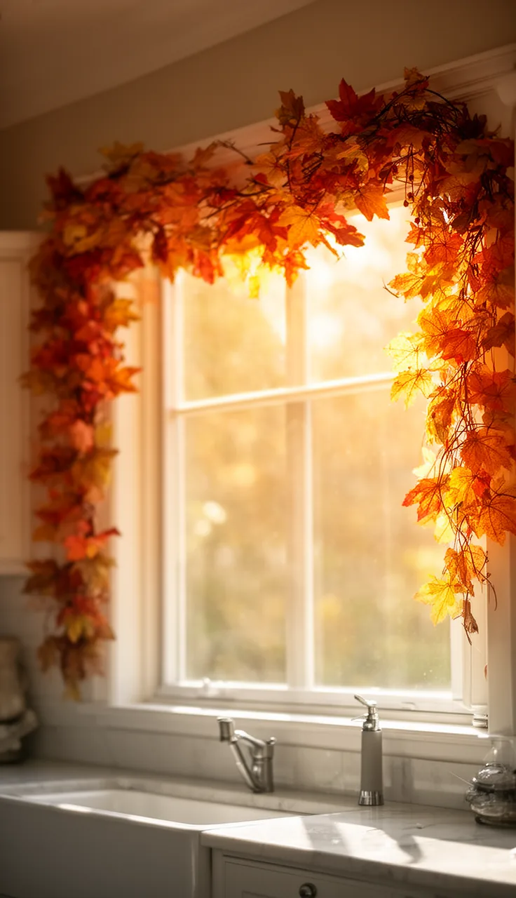 Fall garland draped along an interior window frame