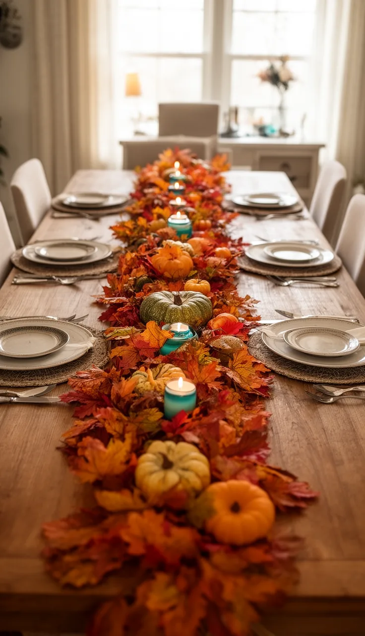 Fall garland running down the center of a dining table