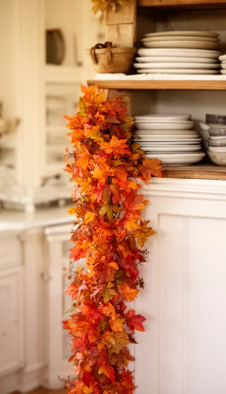 Slim fall garland tucked along an open kitchen shelf