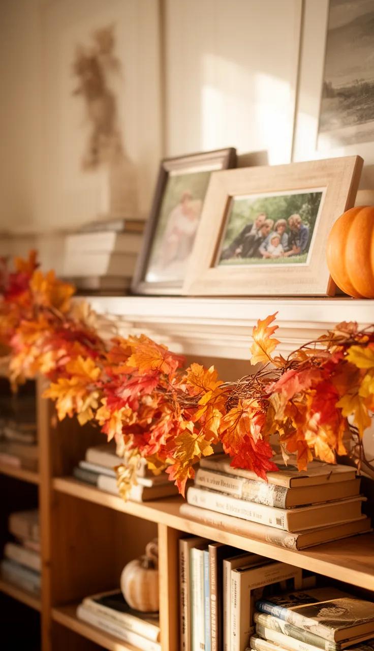 Fall garland threaded across a styled bookshelf