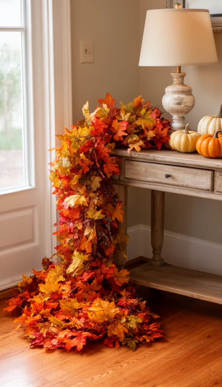 Fall garland pooled on an entryway console table