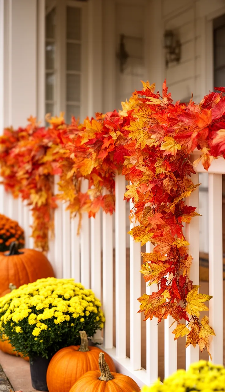 Weatherproof fall garland along a front porch railing