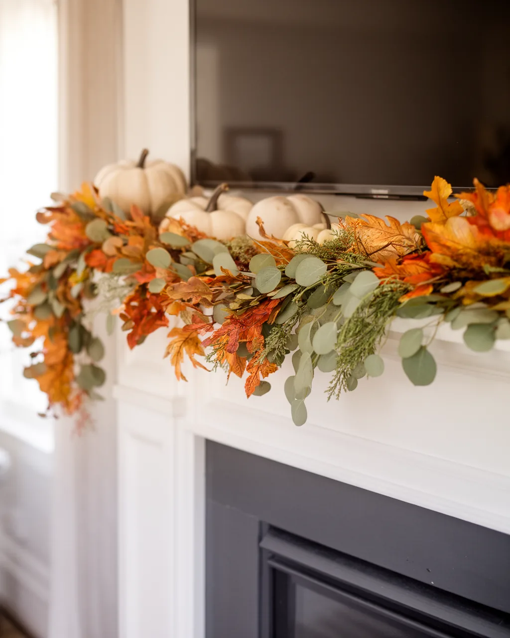Eucalyptus fall garland on a modern white mantel