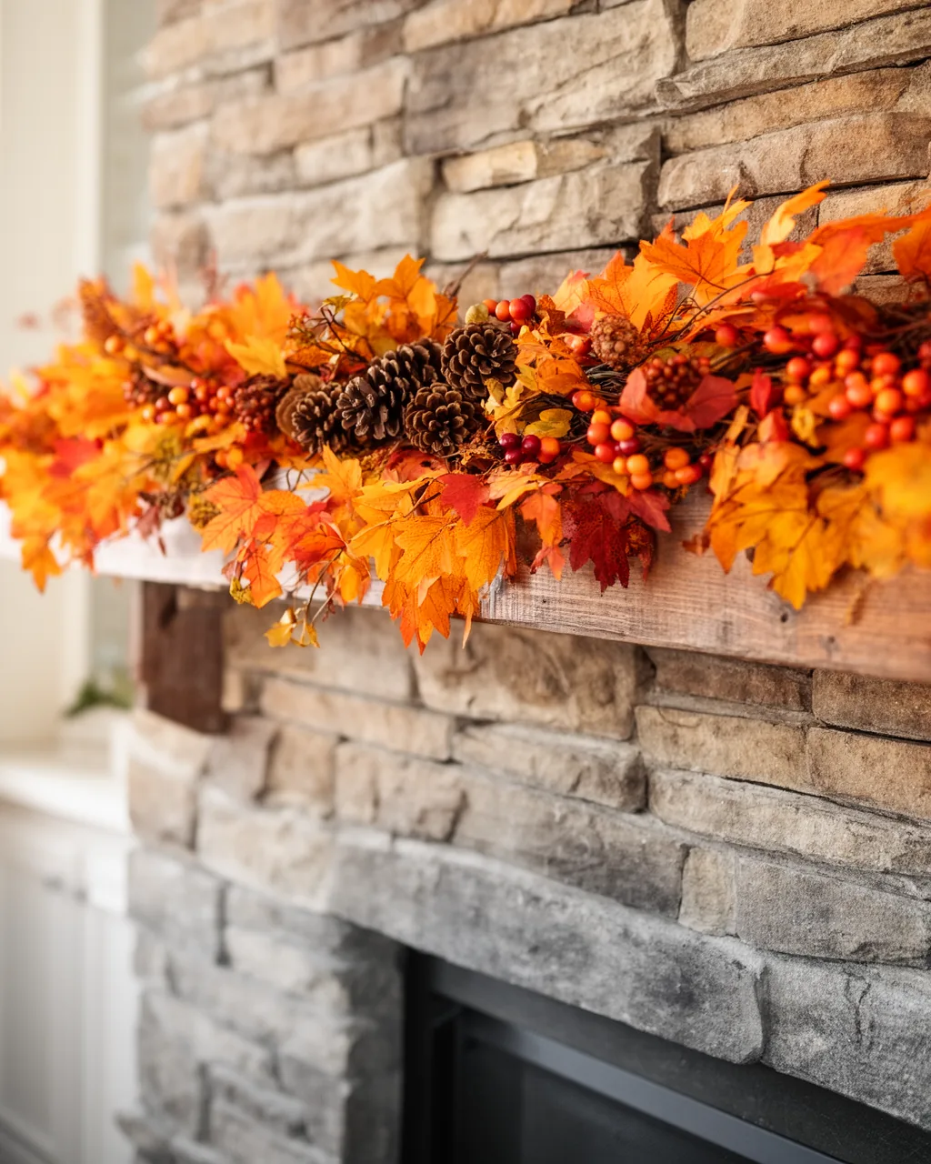 Pinecone and berry fall garland on a stone mantel