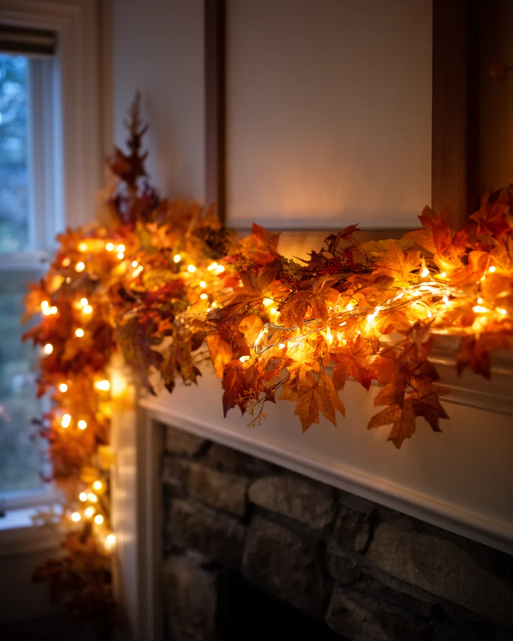 Lighted fall garland glowing on a mantel at dusk