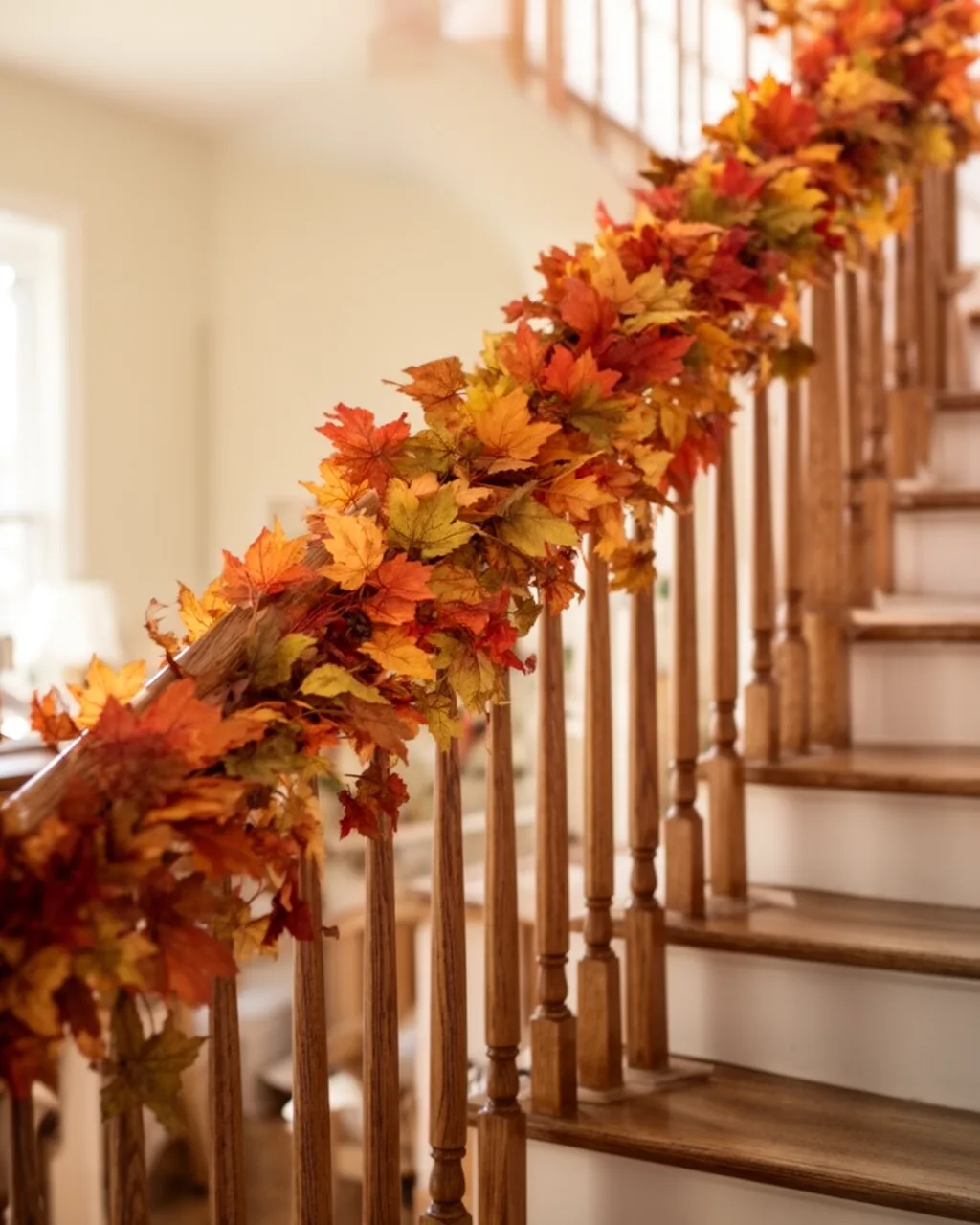 Fall garland in swags down a staircase banister