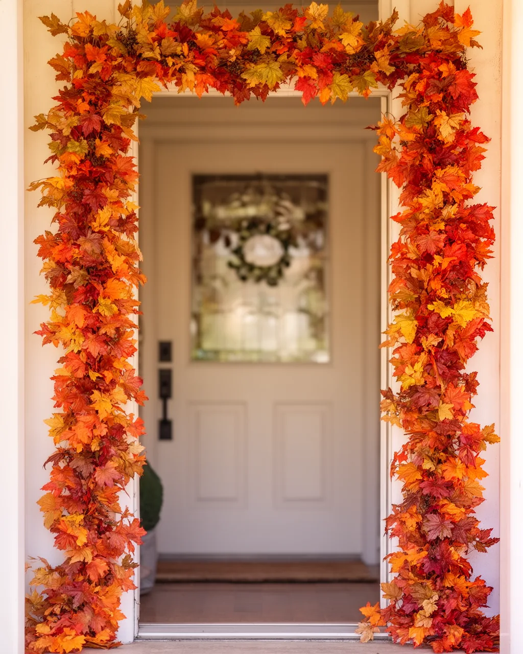 Fall garland framing a front door
