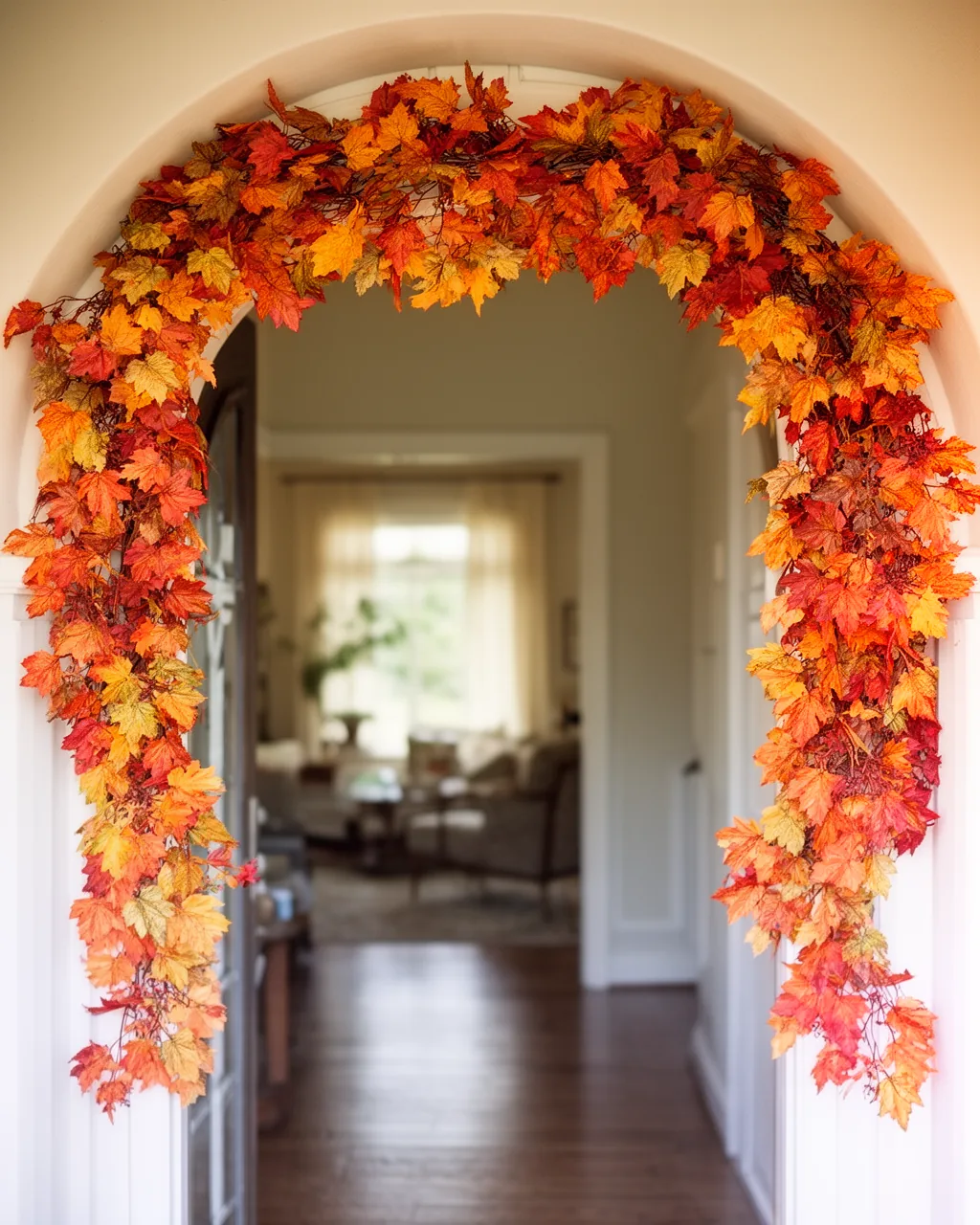 Fall garland across an interior doorway arch