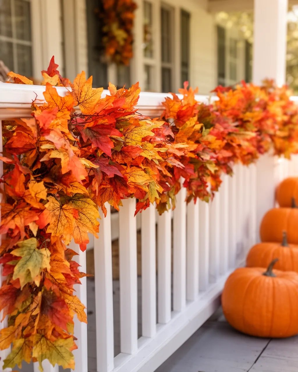 Fall garland along a front porch railing