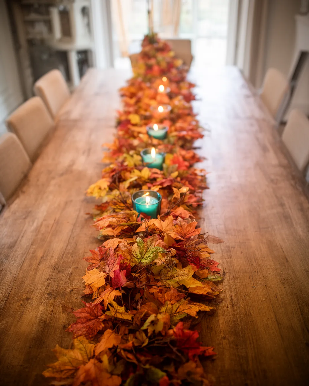 Fall garland down the center of a dining table