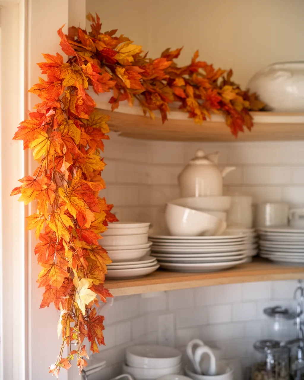 Slim fall garland along an open kitchen shelf