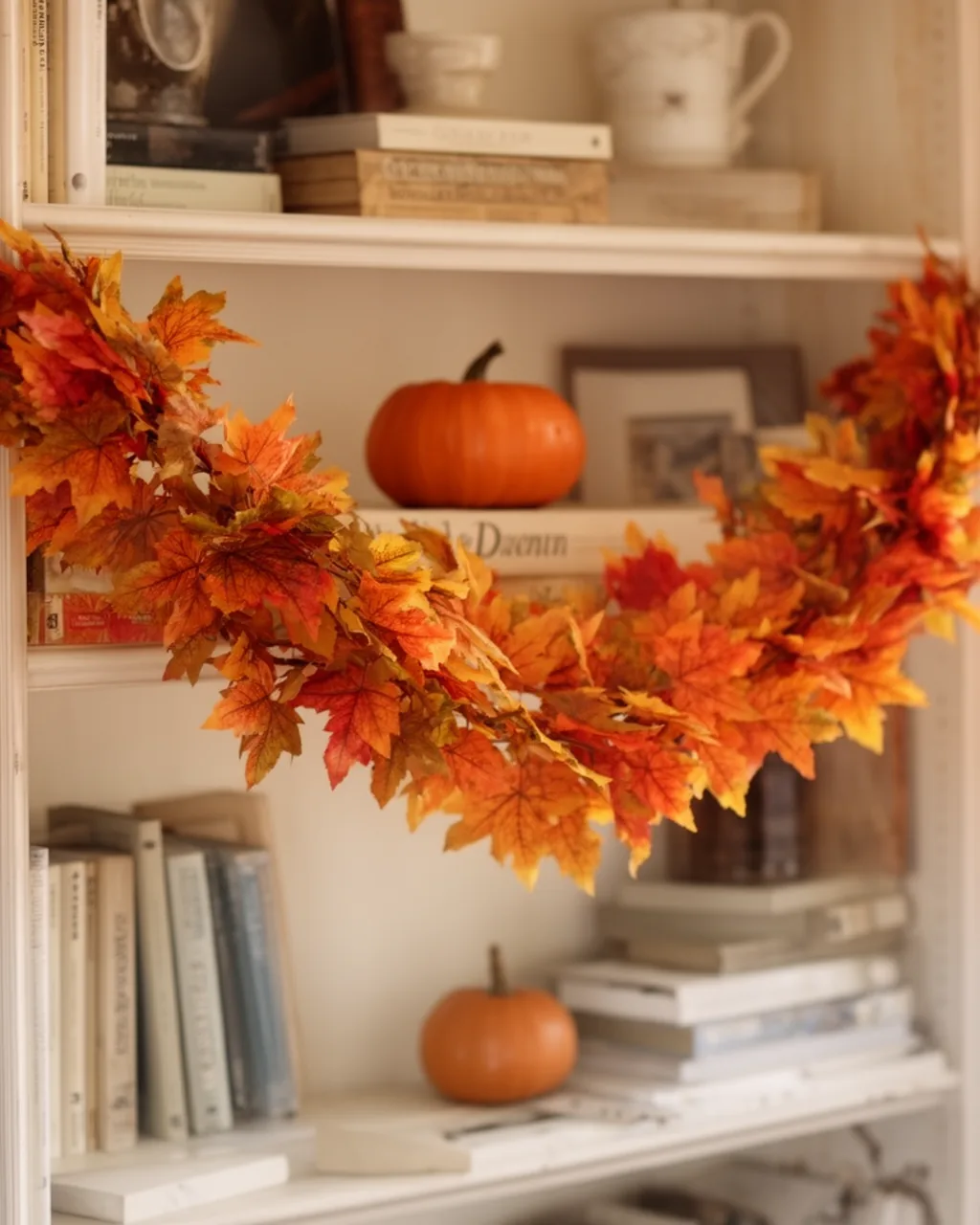 Fall garland threaded across a bookshelf