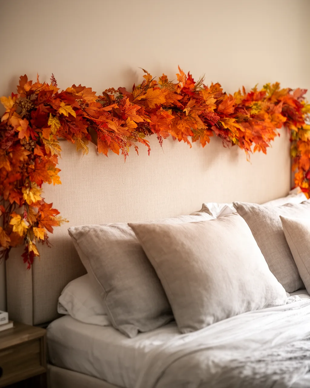 Fall garland along a bedroom headboard