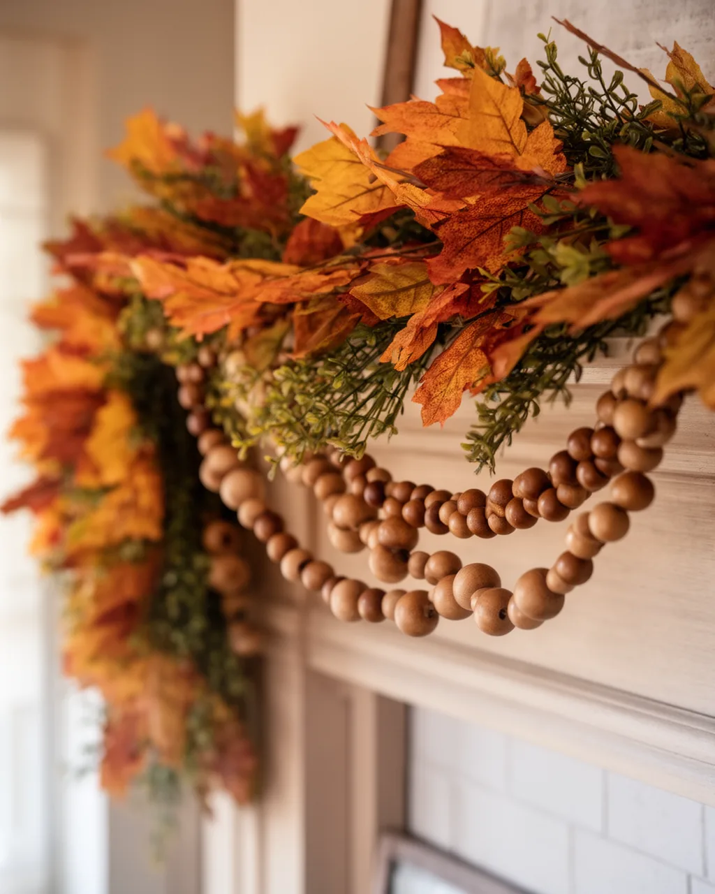 Wooden bead garland over a greenery fall garland