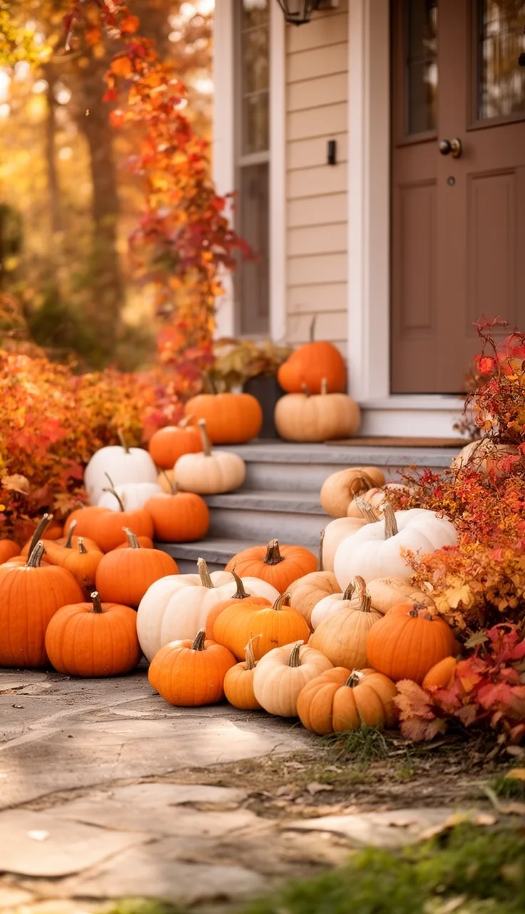 Cluster of mixed pumpkins by a front door for fall