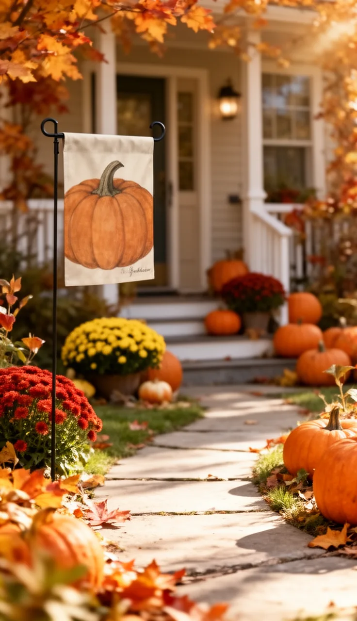 Fall garden flag on a stand beside the walkway