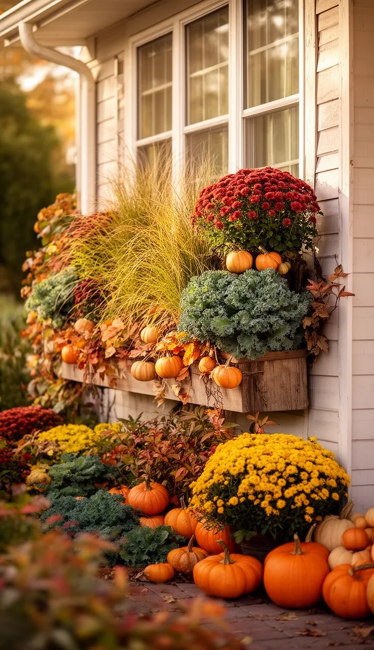 Fall window boxes overflowing with mums and grasses