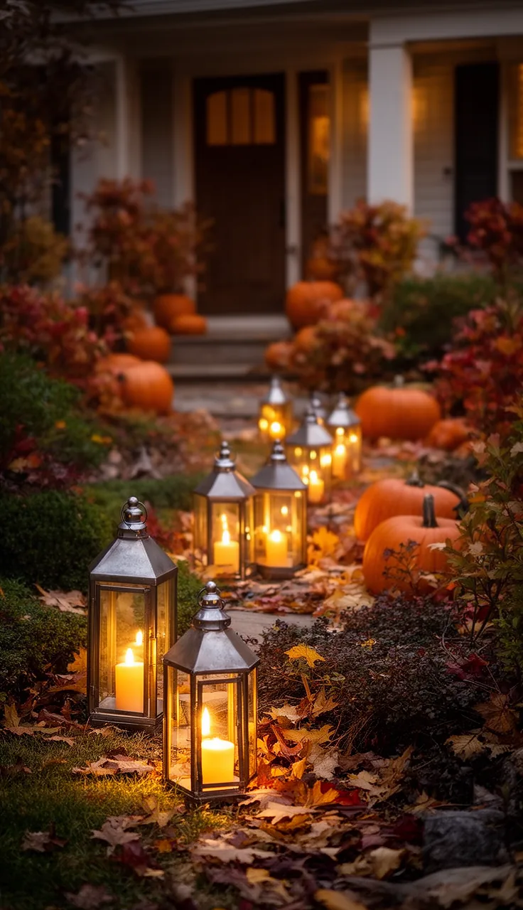 Lanterns glowing along a front path at dusk in fall