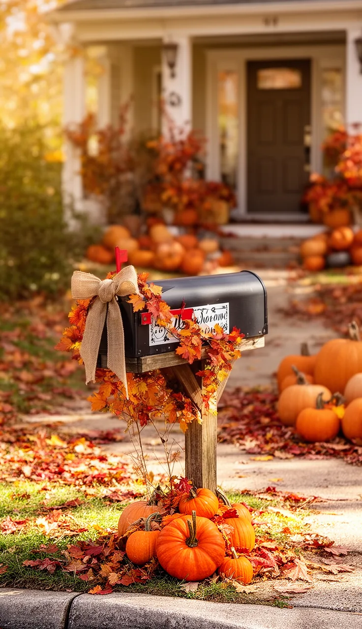 Decorated fall mailbox with garland and pumpkin