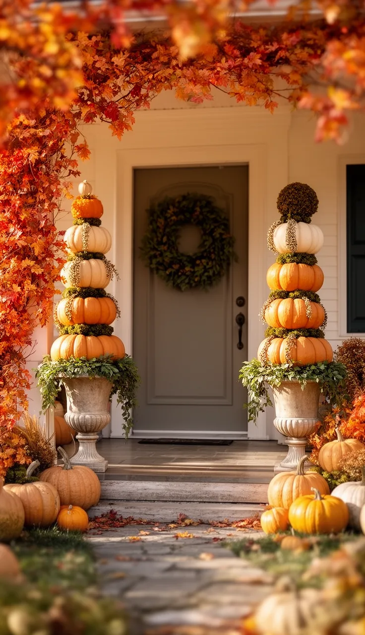 Stacked pumpkin topiaries flanking a front door