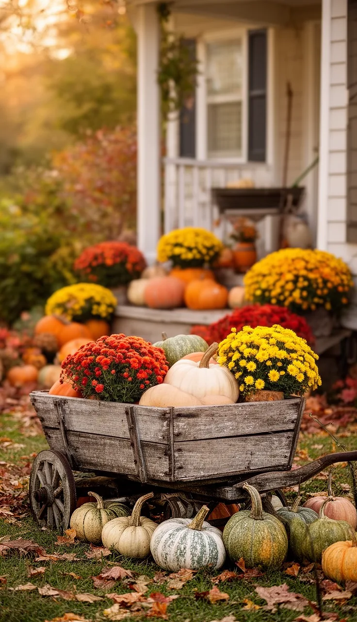 Wooden crate and vintage wagon filled with fall pumpkins