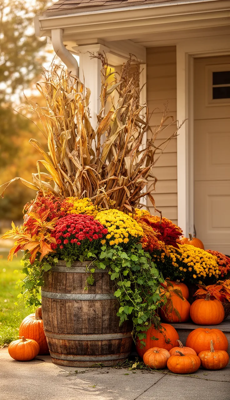 Half-barrel overflowing with fall mums and cornstalks