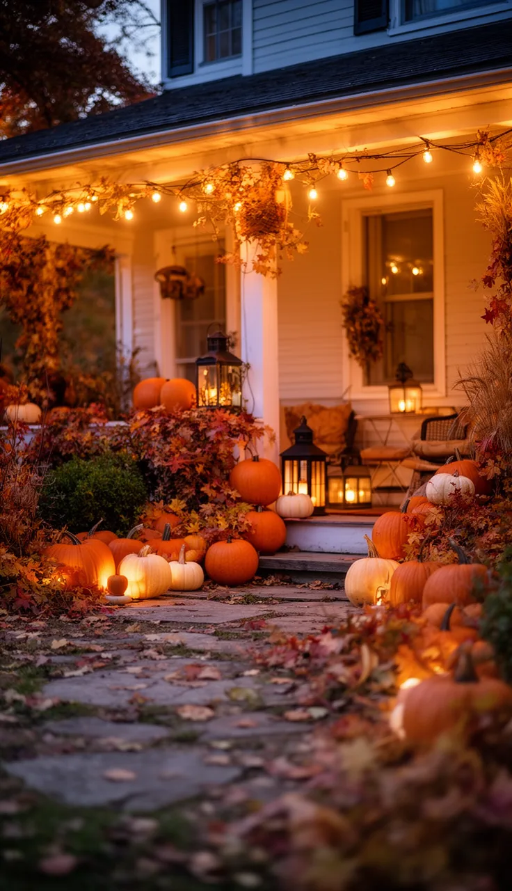 Warm string lights glowing on a fall porch at dusk