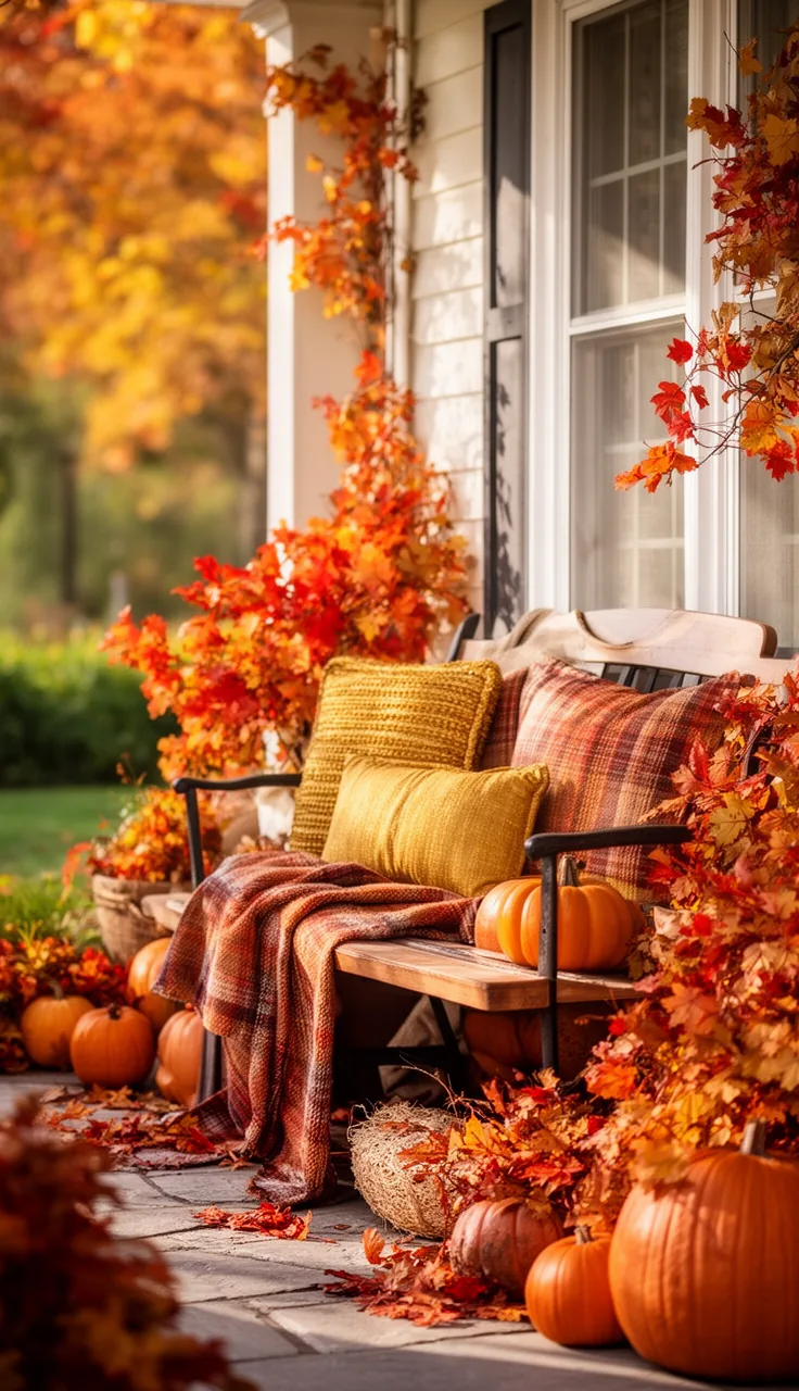 Cozy fall porch bench with throw and pillows