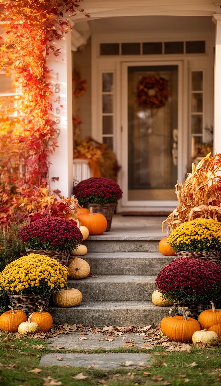 Potted fall mums flanking front porch steps