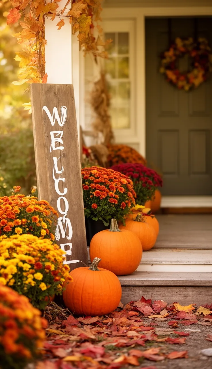 Hand-lettered fall welcome sign on the porch