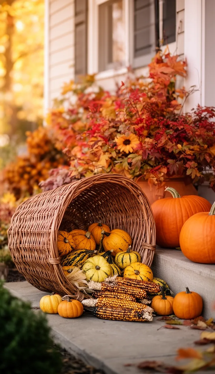 Harvest basket spilling gourds on a porch step