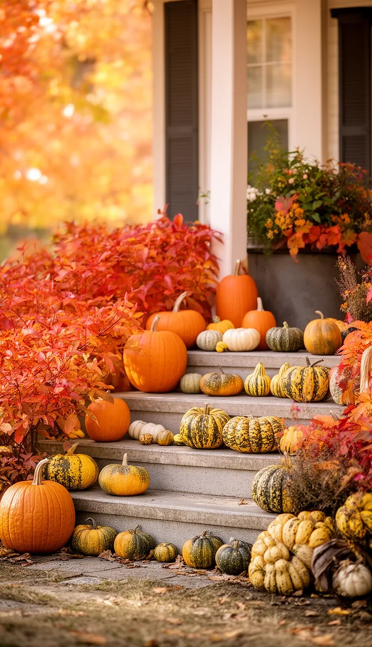 Gourds and squash lined up on porch steps for fall