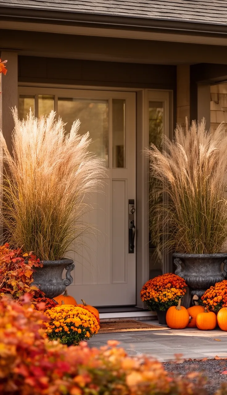 Ornamental grasses in urns framing a front door