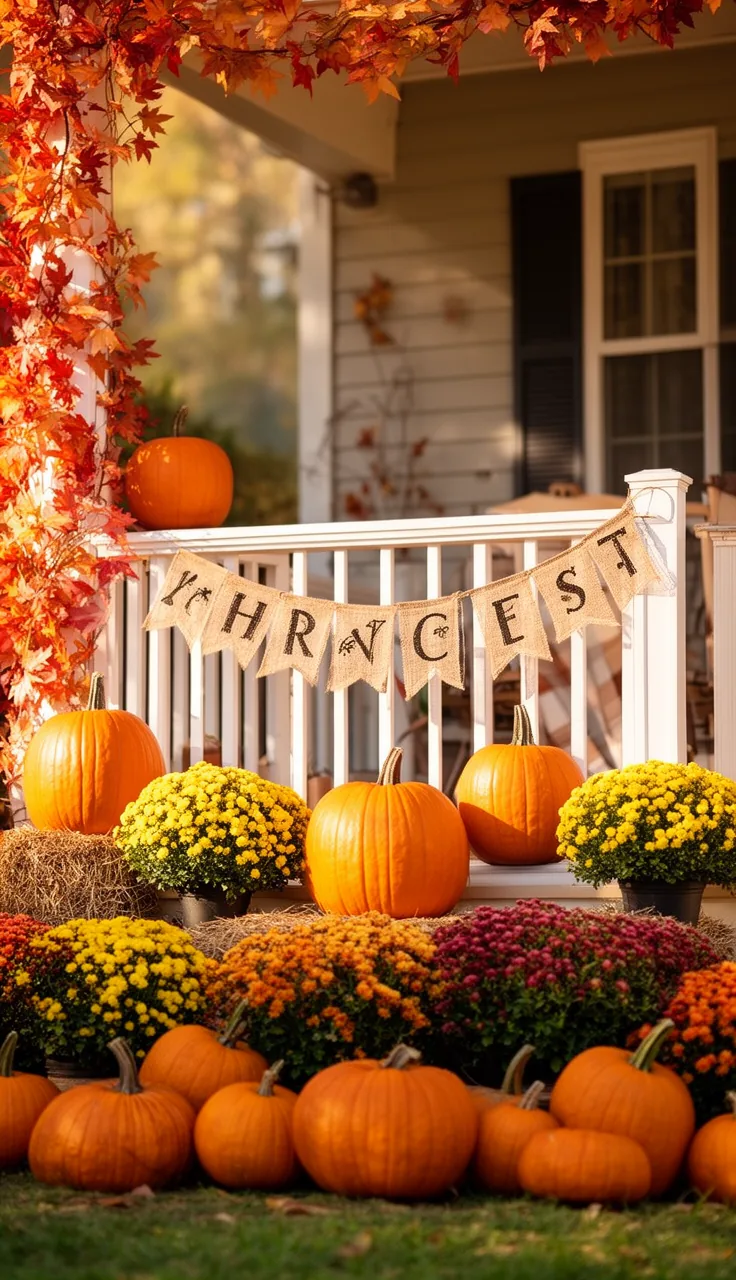 Burlap fall banner strung across a porch railing