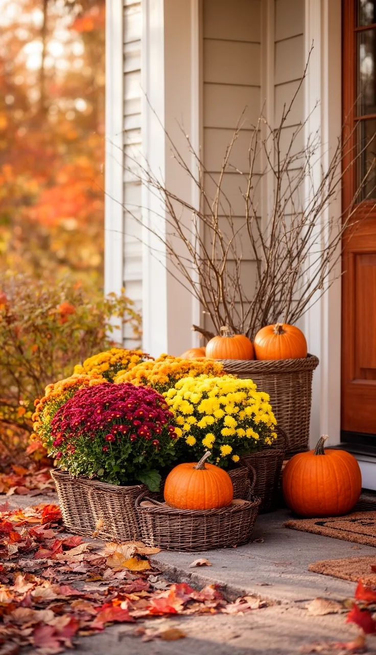 Budget fall porch with mums and pumpkins