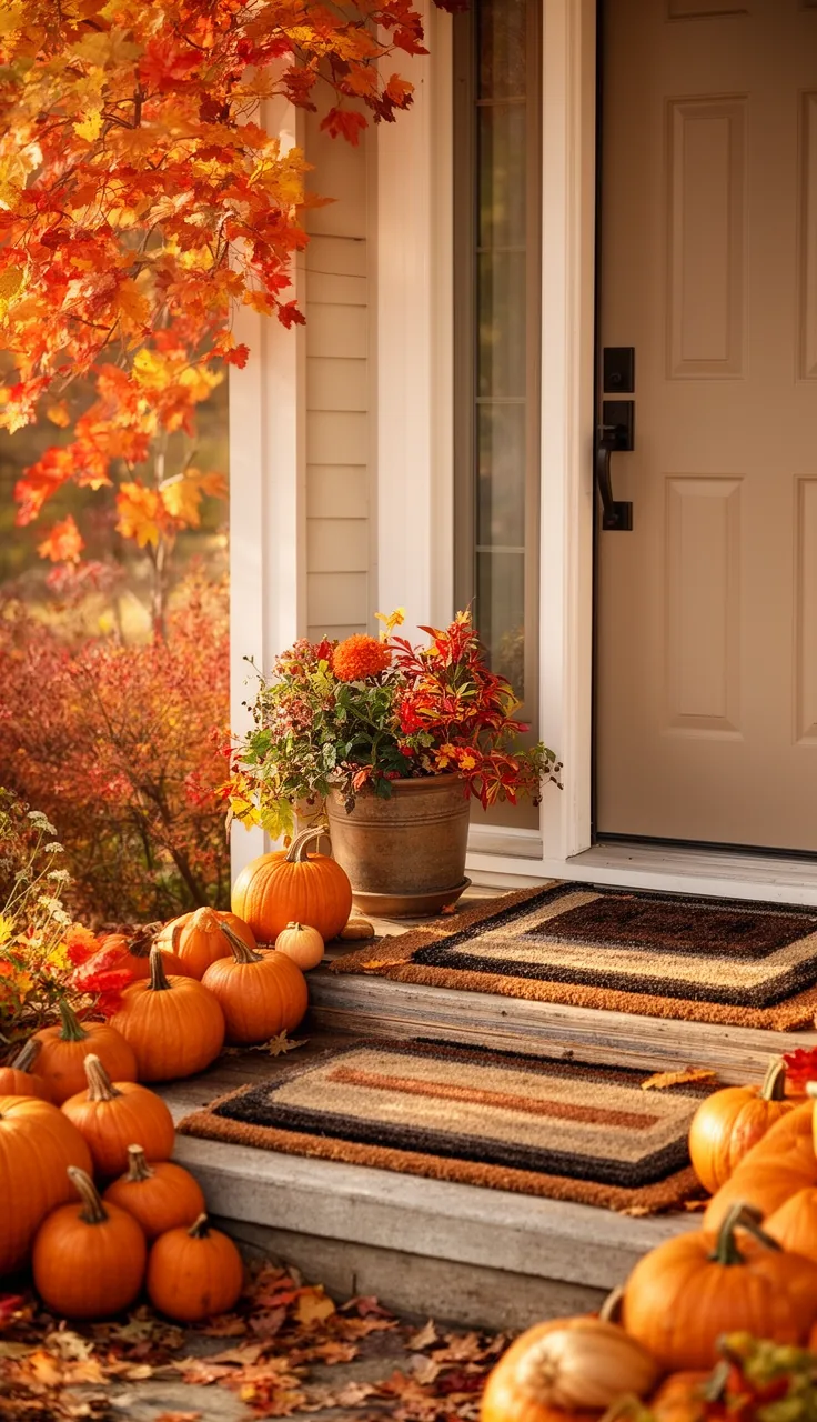 Small fall porch stoop with one planter and pumpkins