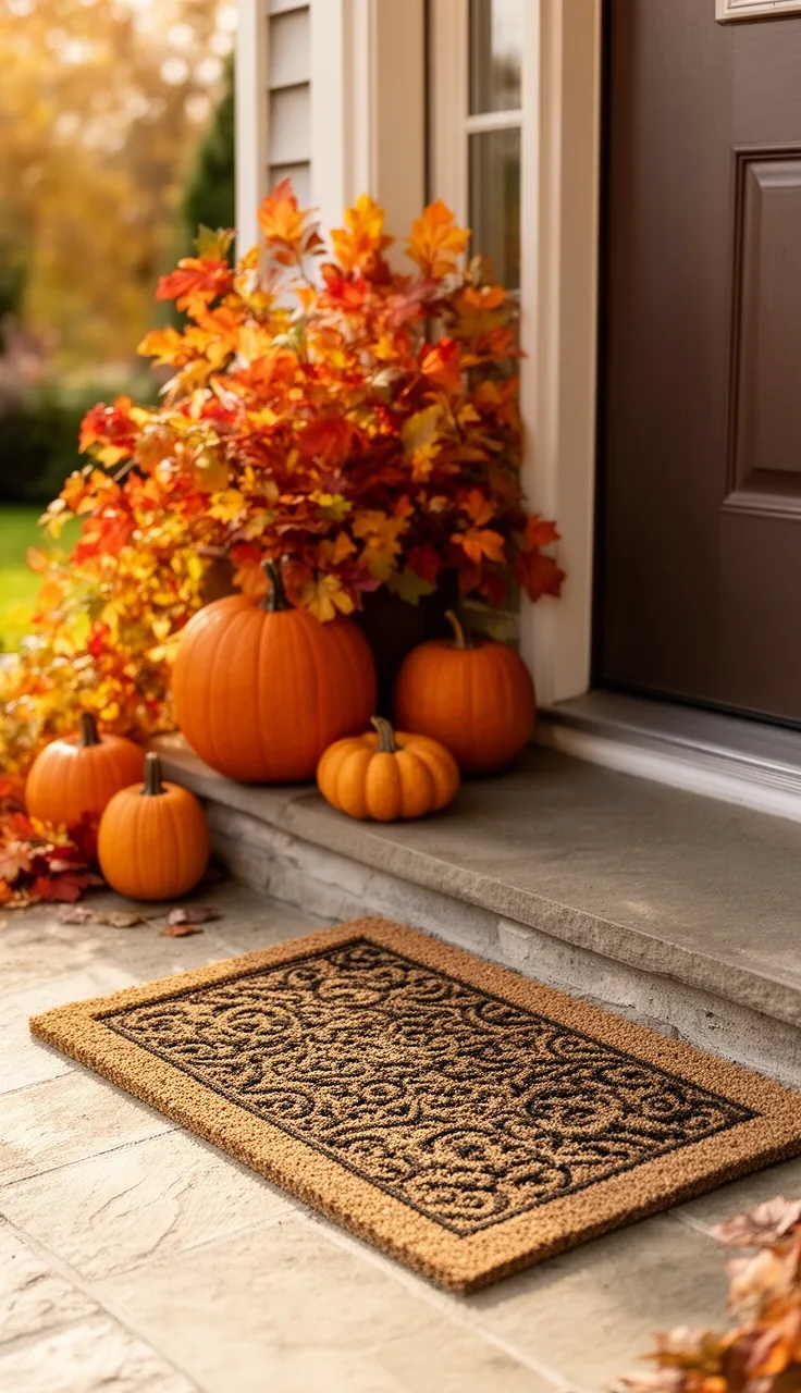 Layered fall doormat on a front step with a pumpkin