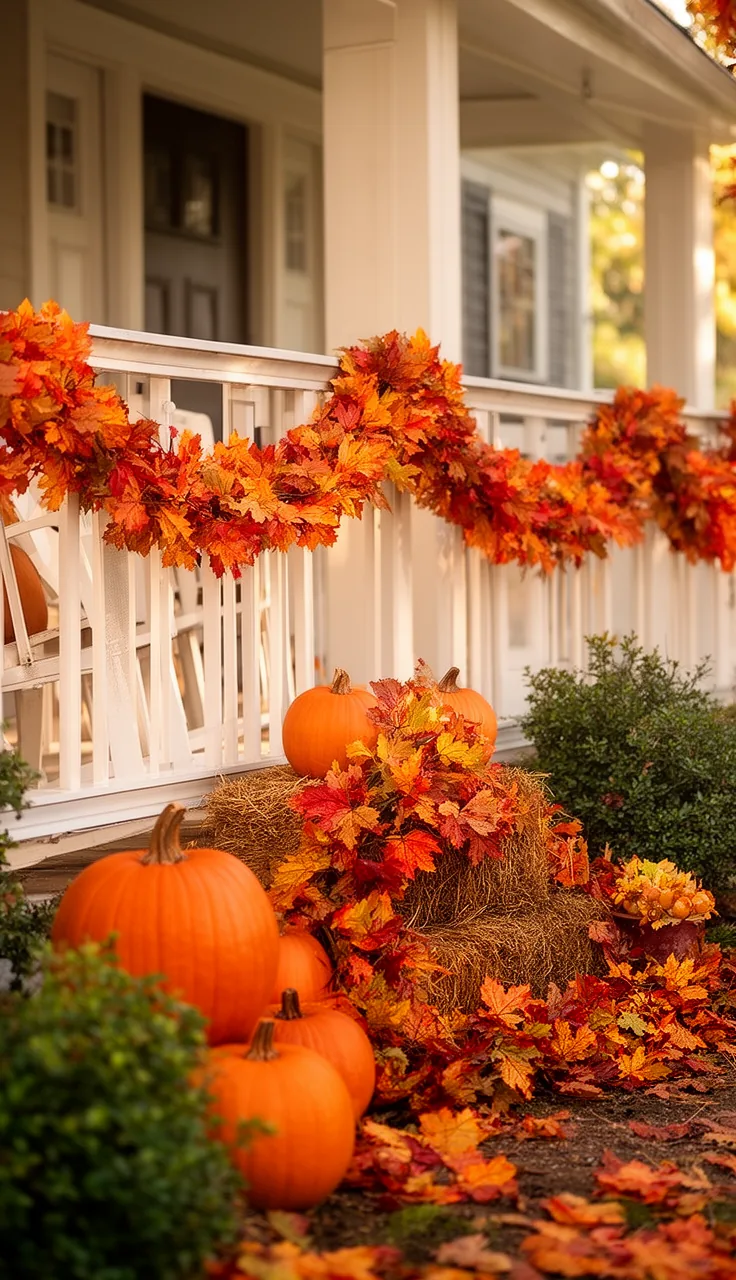 Fall garland draped along a porch railing