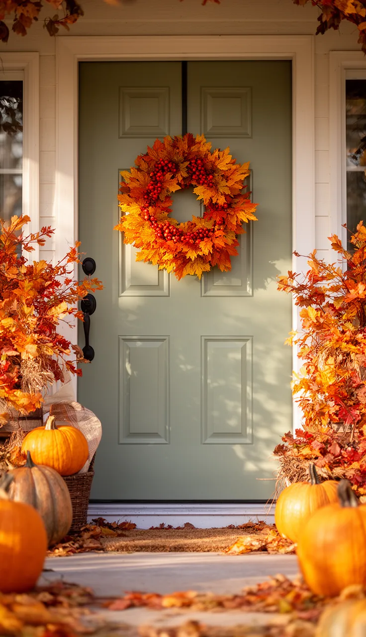 Full fall wreath on a welcoming front door