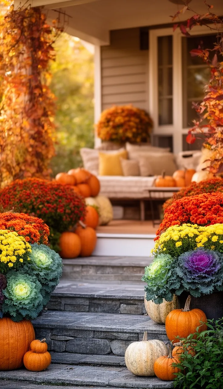 Overflowing fall planters on the front steps