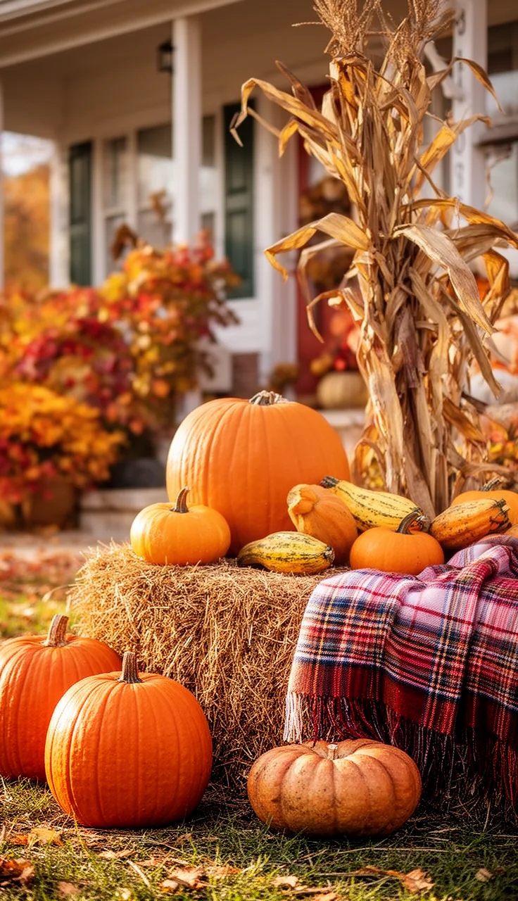 Hay bale and pumpkin harvest vignette in the yard